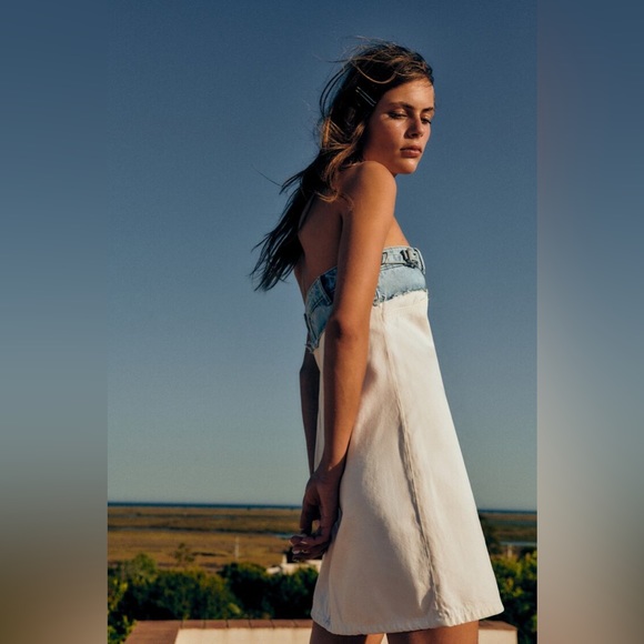 Zara Denim Mini Dress Sleeveless White Blue casual jeans bodycon - Picture 9 of 15